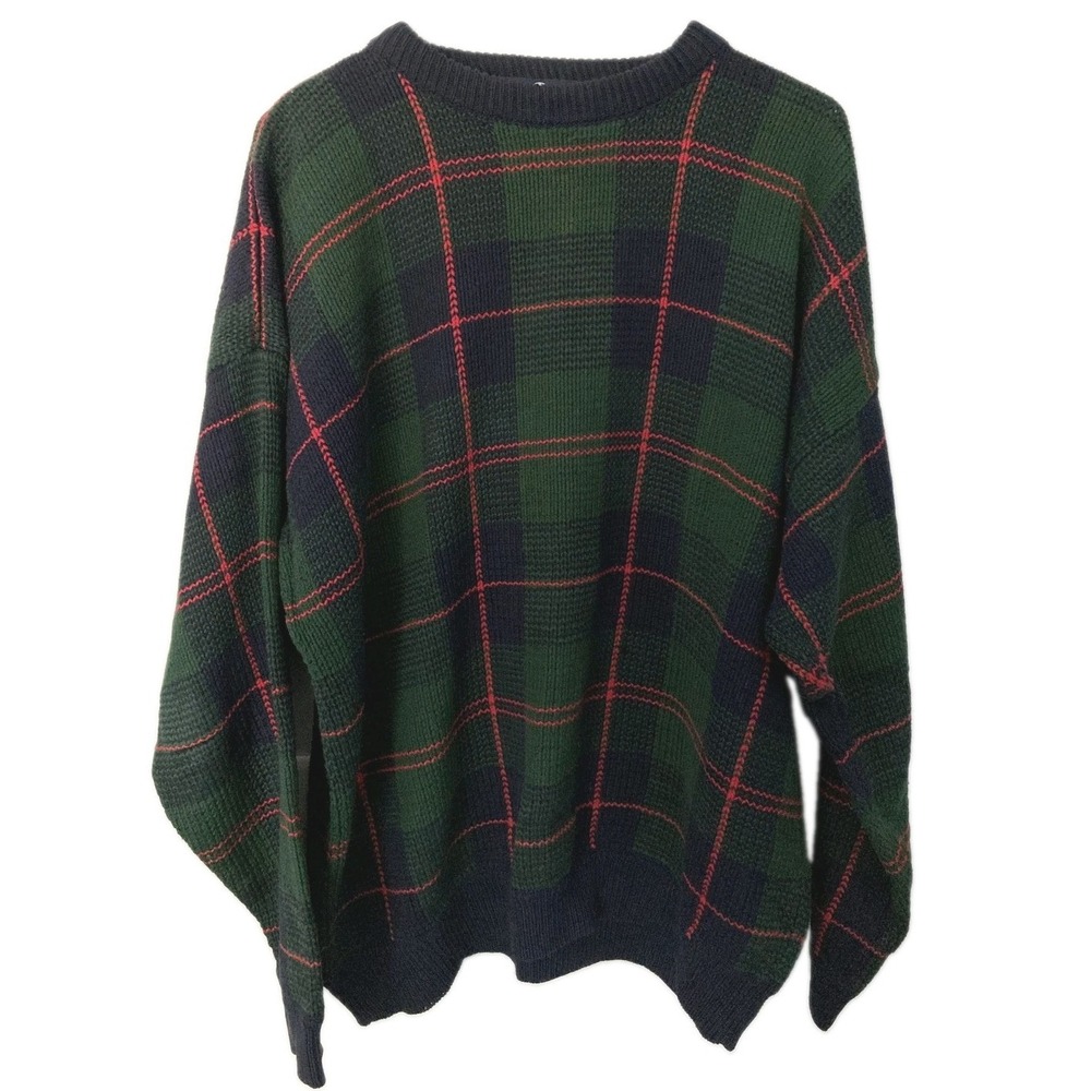 Vtg Cotton Traders Sweater Men L Green Navy Plaid Chunky Knit Crew Heavyweight